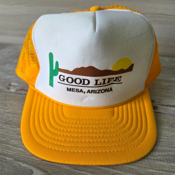 Nissin Cap Other - Vtg Nissin Trucker Hat Foam Cap Good Life Mesa Arizona Yellow White Mesh Retro
